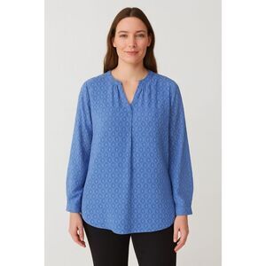 Talbots blue textured geometric long sleeve blouse large